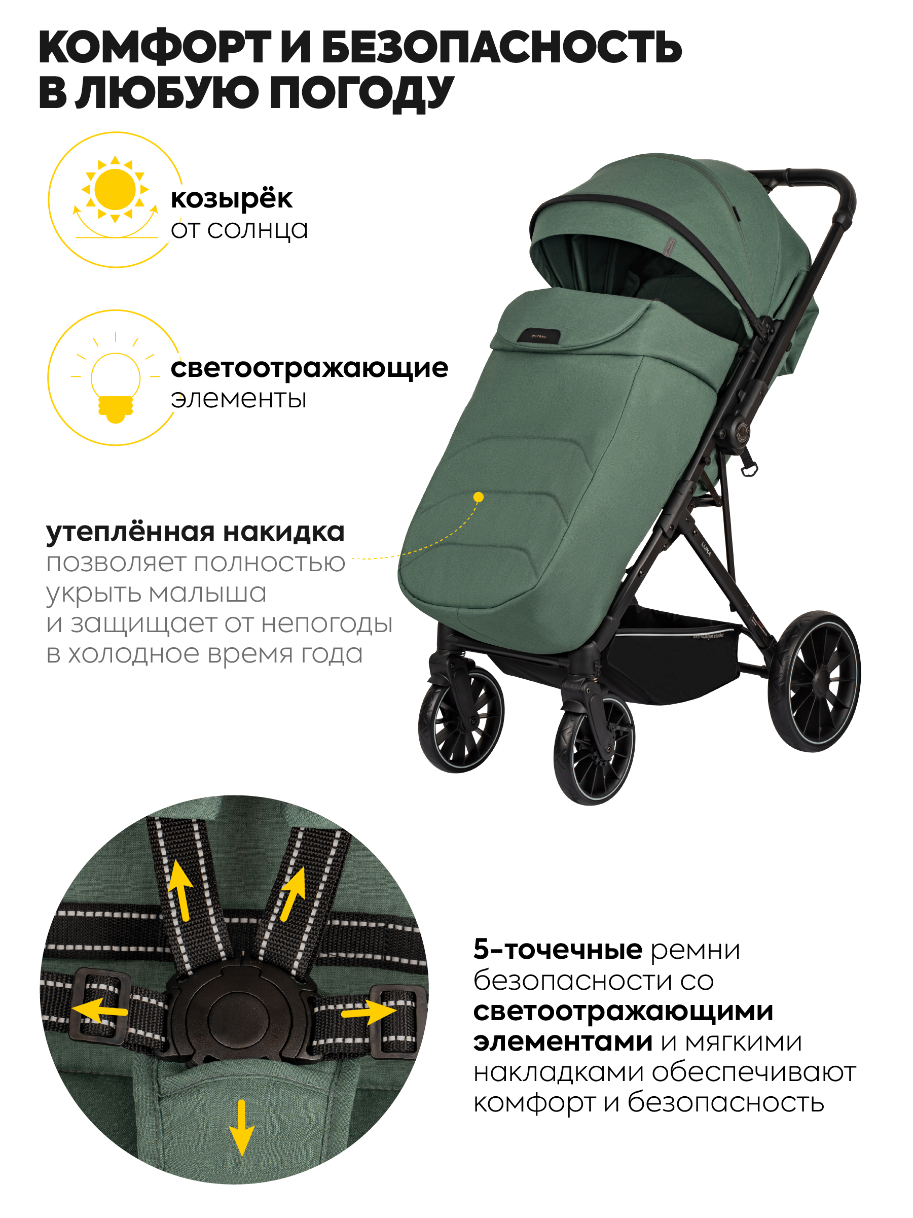 Коляска прогулочная JOVOLA LUNA зеленый-серый - фото 6