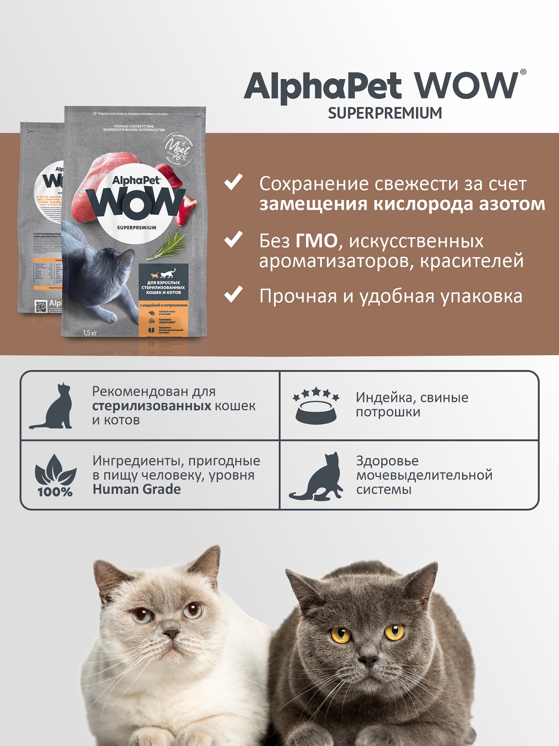Корм для кошек AlphaPet WOW superpremium взрослых стерилизованных индейка-потрошки 1.5кг - фото 3