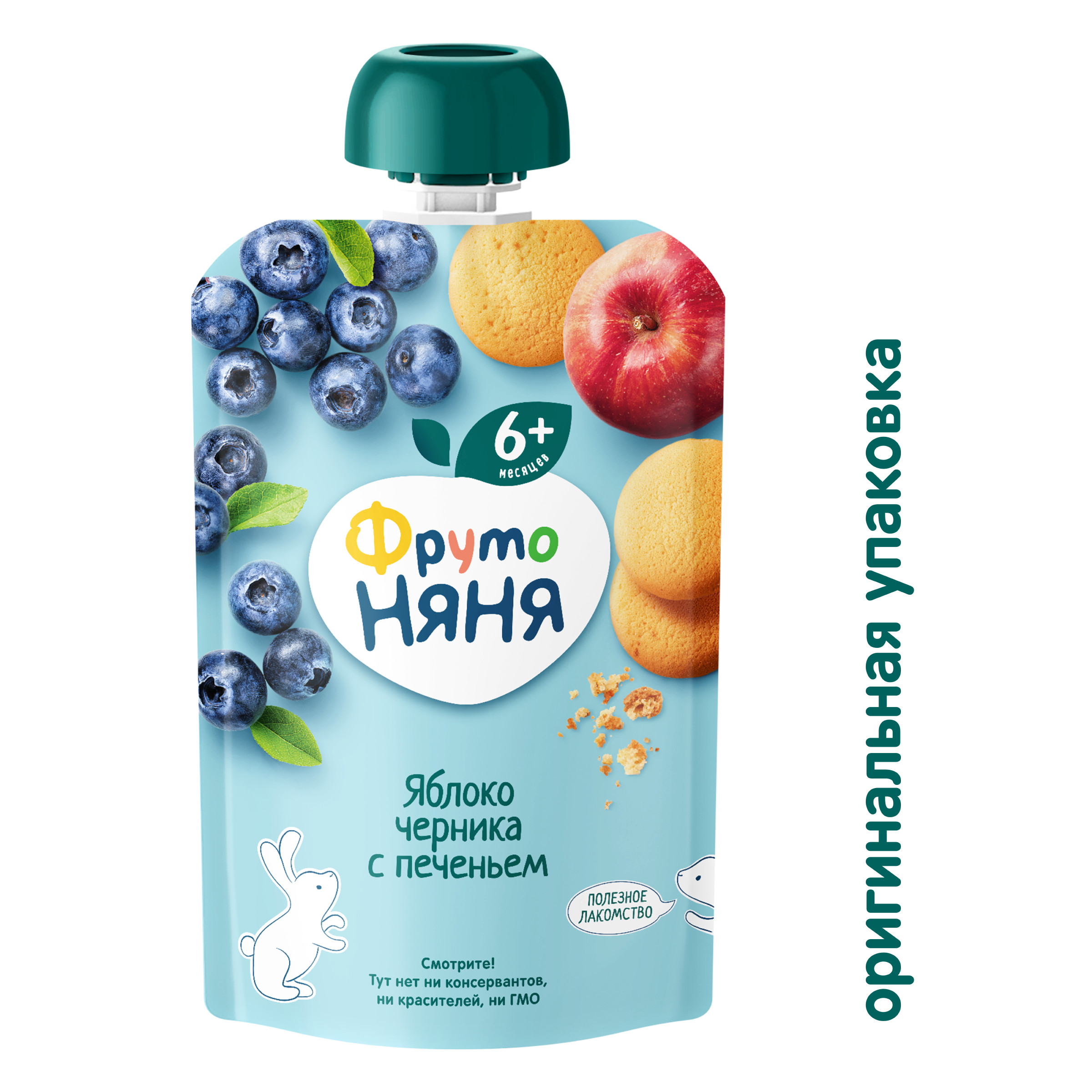 Пюре ФрутоНяня Яблоко-черника-арония-печенье с 6 мес 90 г - фото 2