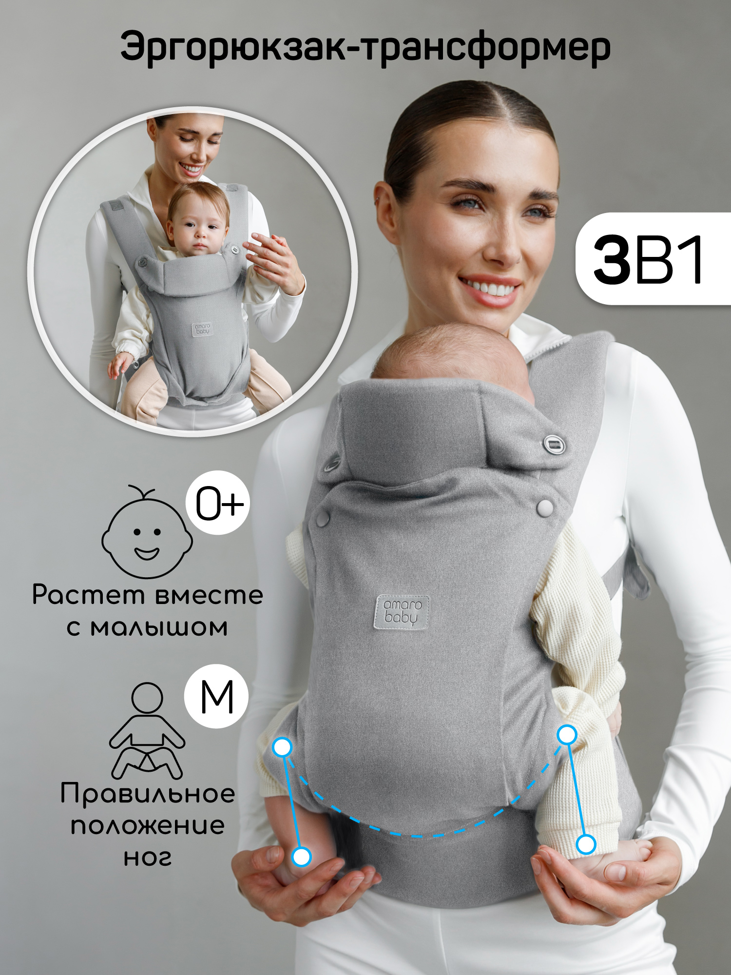 Эргорюкзак 3в1 Amarobaby Near серый - фото 1
