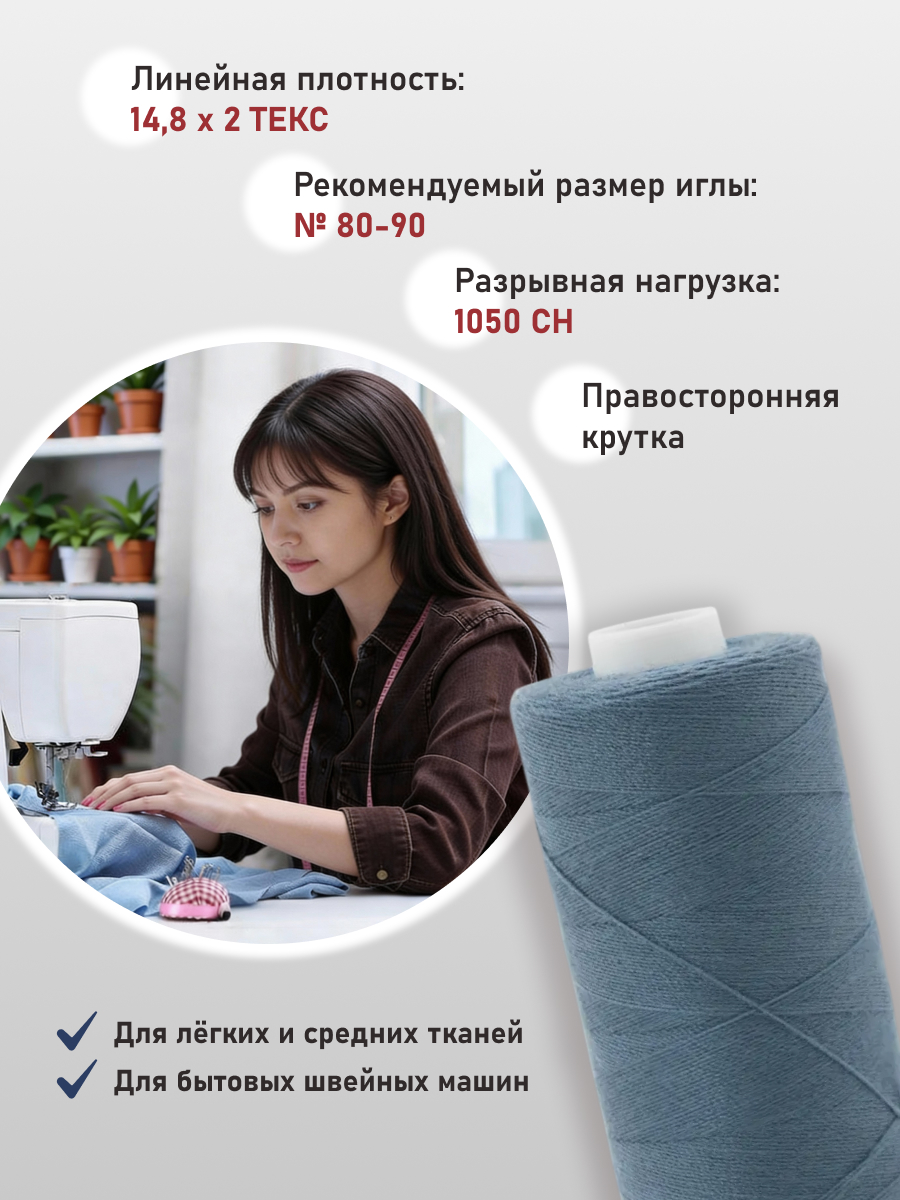 Нитки Bestex универсальные прочные для шитья 40/2 400 ярд 10 шт 191 темный серо - голубой - фото 2