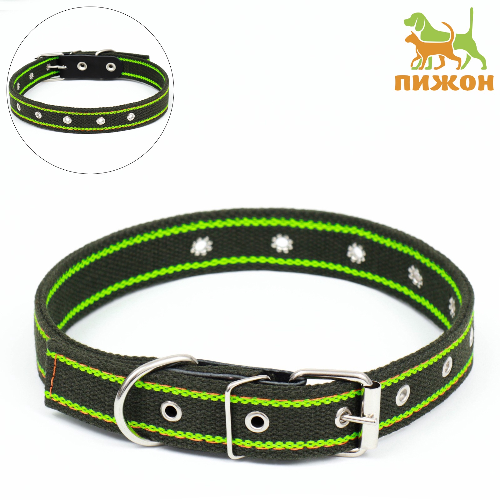 Ошейник Пижон брезентовый щенячий двухслойный 67 х 3 см хаки/зелёный - фото 2