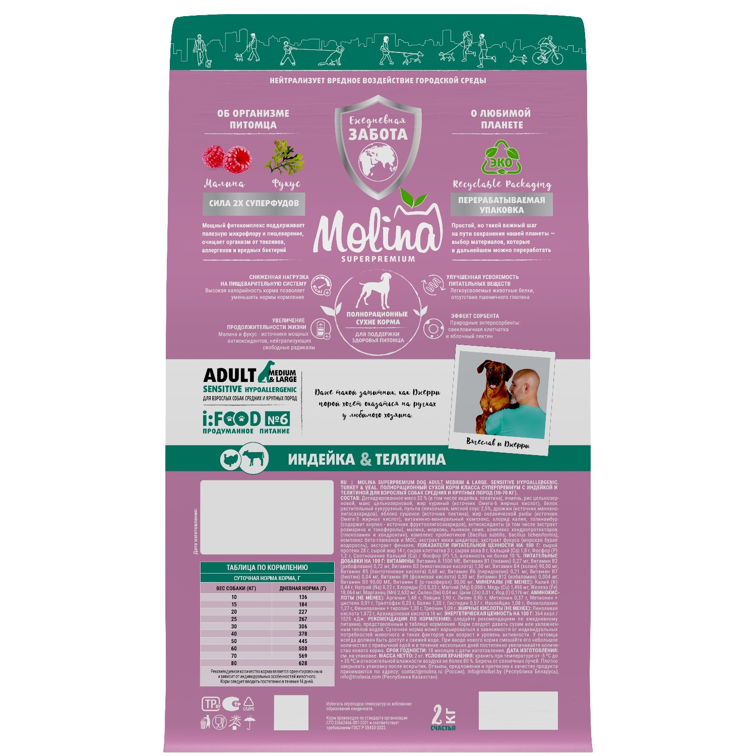 Корм для взрослых собак крупных пород Molina Sensitive сухой с индейкой и телятиной 2кг - фото 4