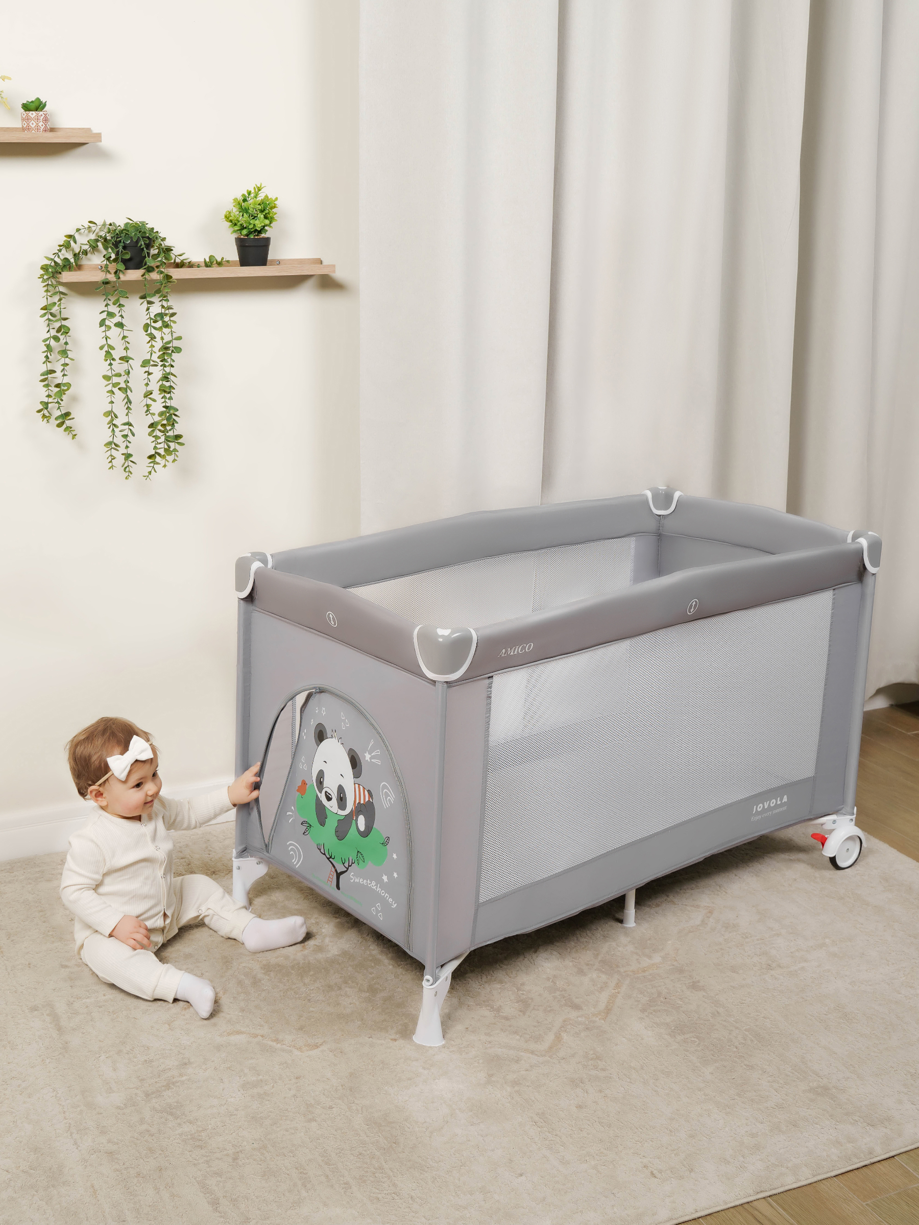 Манеж кровать детский JOVOLA AMICO 1 уровень, серый 4657833591074 - фото 10
