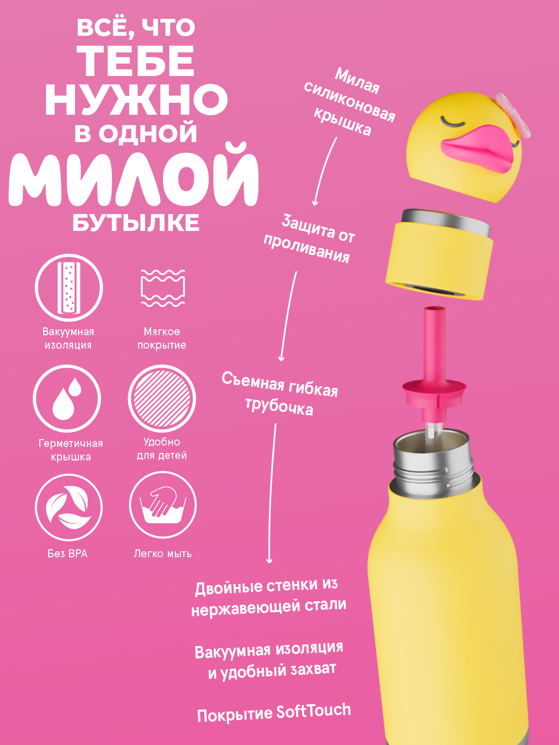 Термобутылка ASOBU Bestie Утенок, 460 мл - фото 2