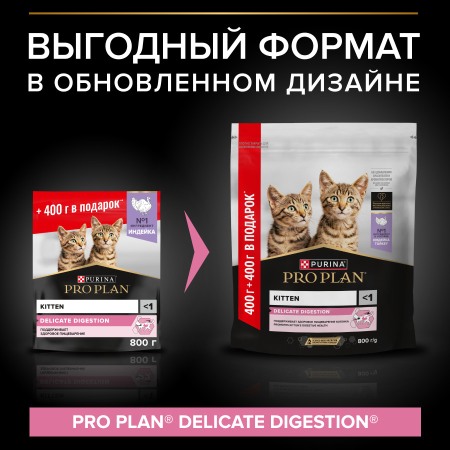 Корм для котят PRO PLAN с чувствительным пищеварением индейка 400г+400г - фото 11