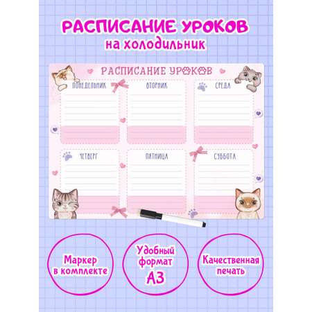 Планер Проф-Пресс магнитный с маркером. Расписание уроков. Милые Котики. 475х300 мм