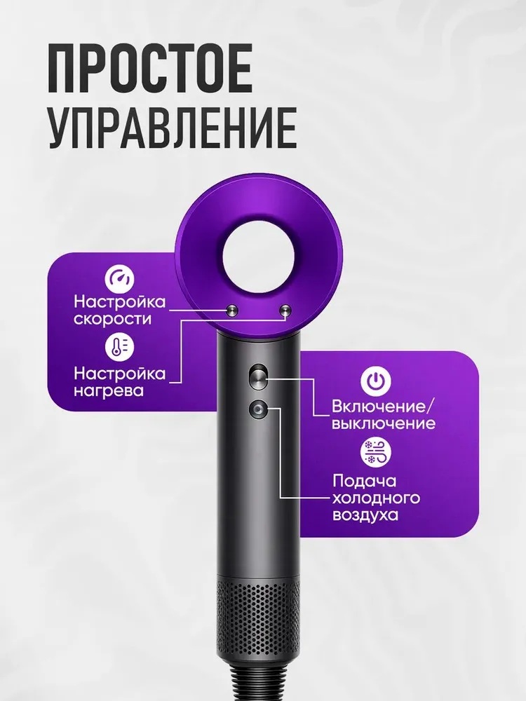 Фен с 5 магнитными насадками CASTLELADY с ионизацией 1600 BT шнур 1,8 метра фиолетовый - фото 7