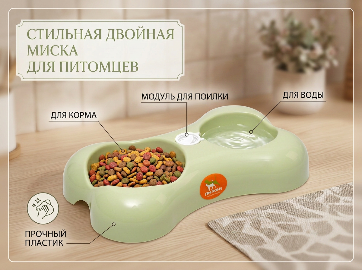 Миска Пижон двойная «Косточка» под бутылку зелёная - фото 1