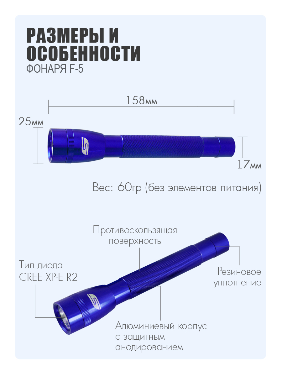 Ручной фонарь Solaris Синий светодиодный F-5 - фото 3