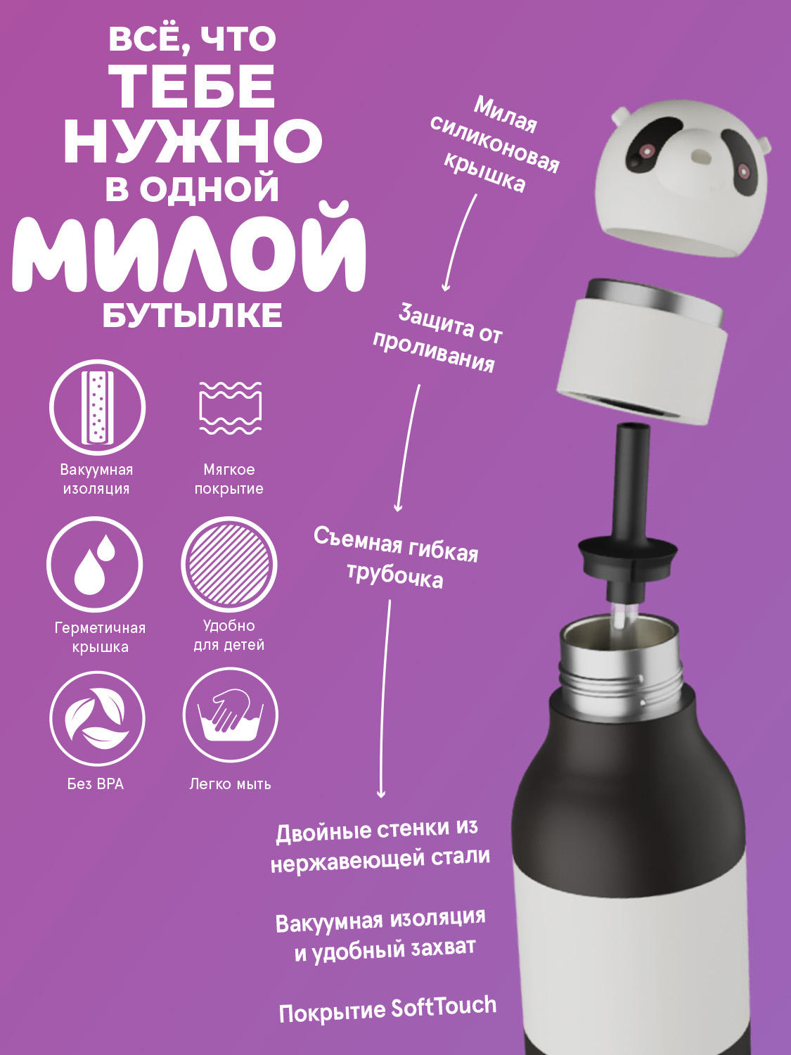 Термобутылка ASOBU Bestie Панда, 460 мл - фото 3
