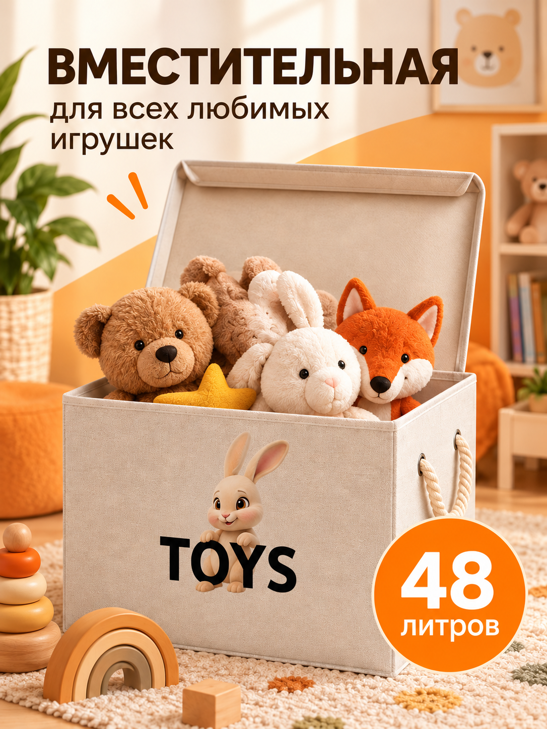 Корзина для хранения игрушек WELHOME Заяц 48 л 46×30×35 см - фото 6