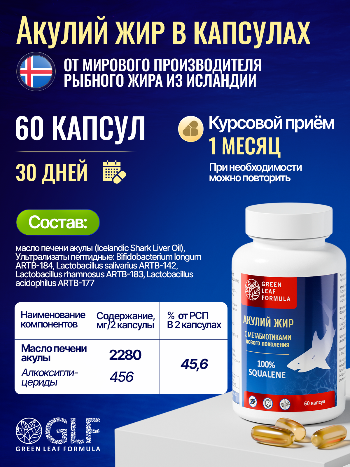Масло печени акулы Green Leaf Formula сквален акулий с метабиотиками нового поколения для иммунитета 60 капсул - фото 2
