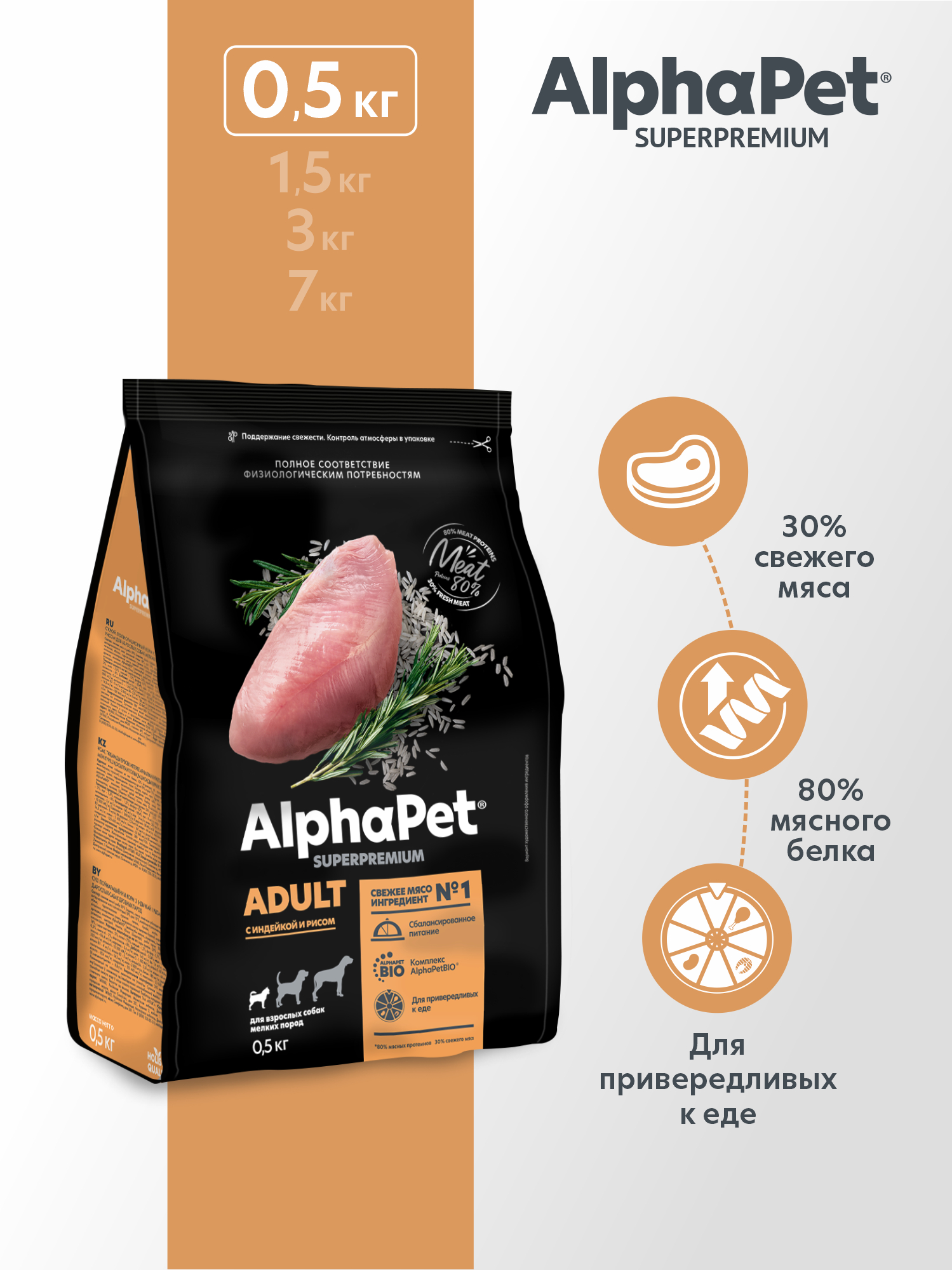 Сухой полнорационный корм AlphaPet с индейкой и рисом для взрослых собак мелких пород AlphaPet Superpremium 0,5 кг - фото 1