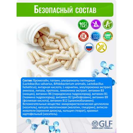 Метабиотик для кишечника Green Leaf Formula ферменты для пищеварения L-карнитин для сжигания жира для иммунитета