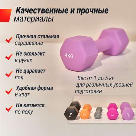 Гантель неопреновая UNIX Fit 4 кг фиолетовый 1 шт