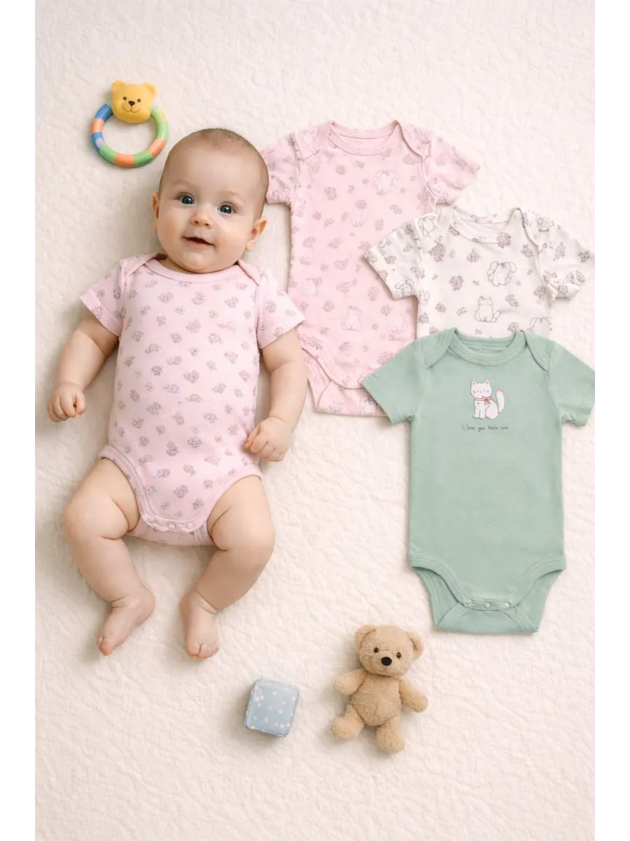 Боди 3 шт Mark Formelle (Марк Формэль) 13015-3/котики с цветами на молочном +мята +цветочки на розовом - фото 2