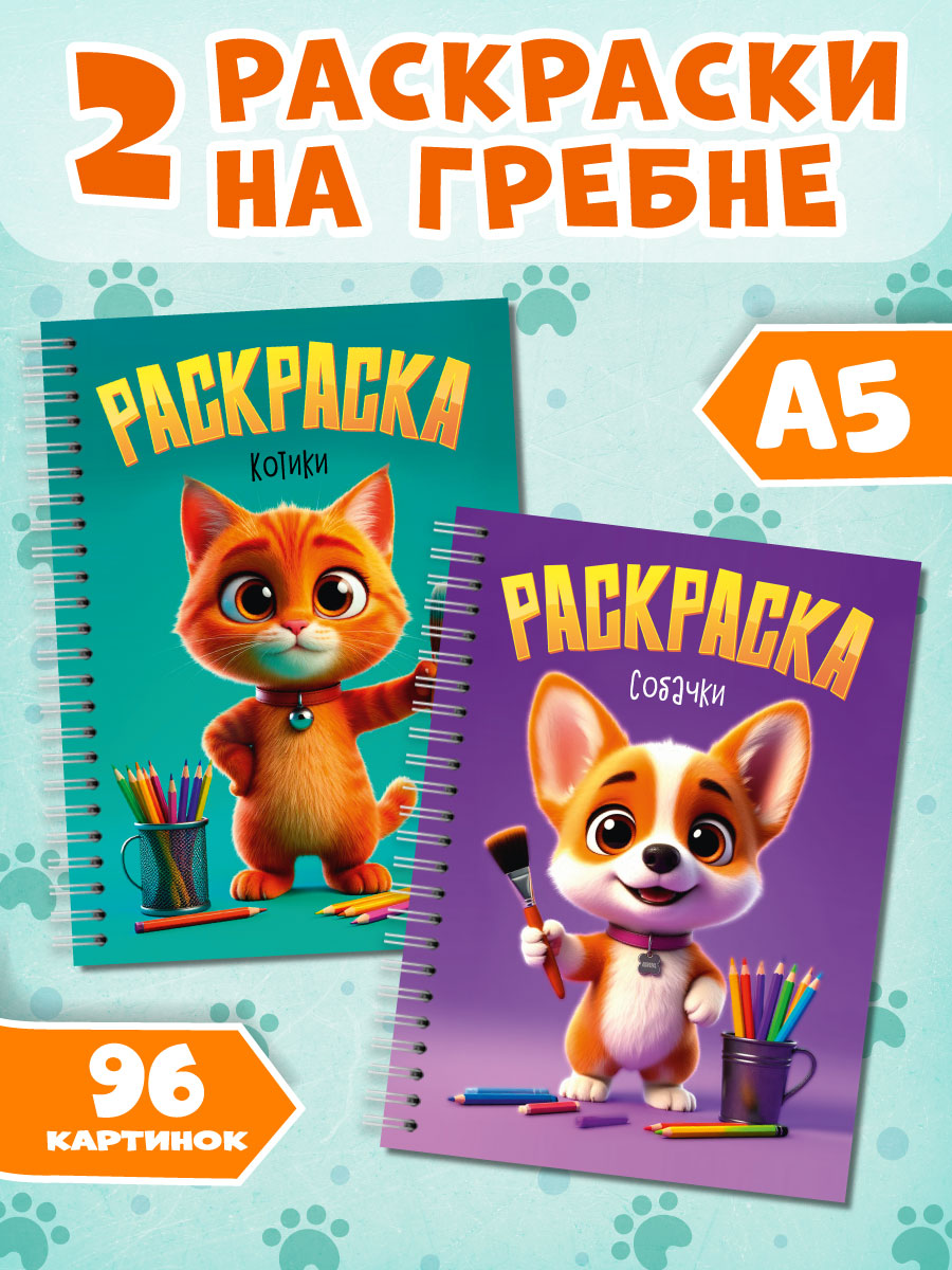 Раскраска Проф-Пресс на гребне 2 шт. А5 24 листа. Котики+собачки - фото 1