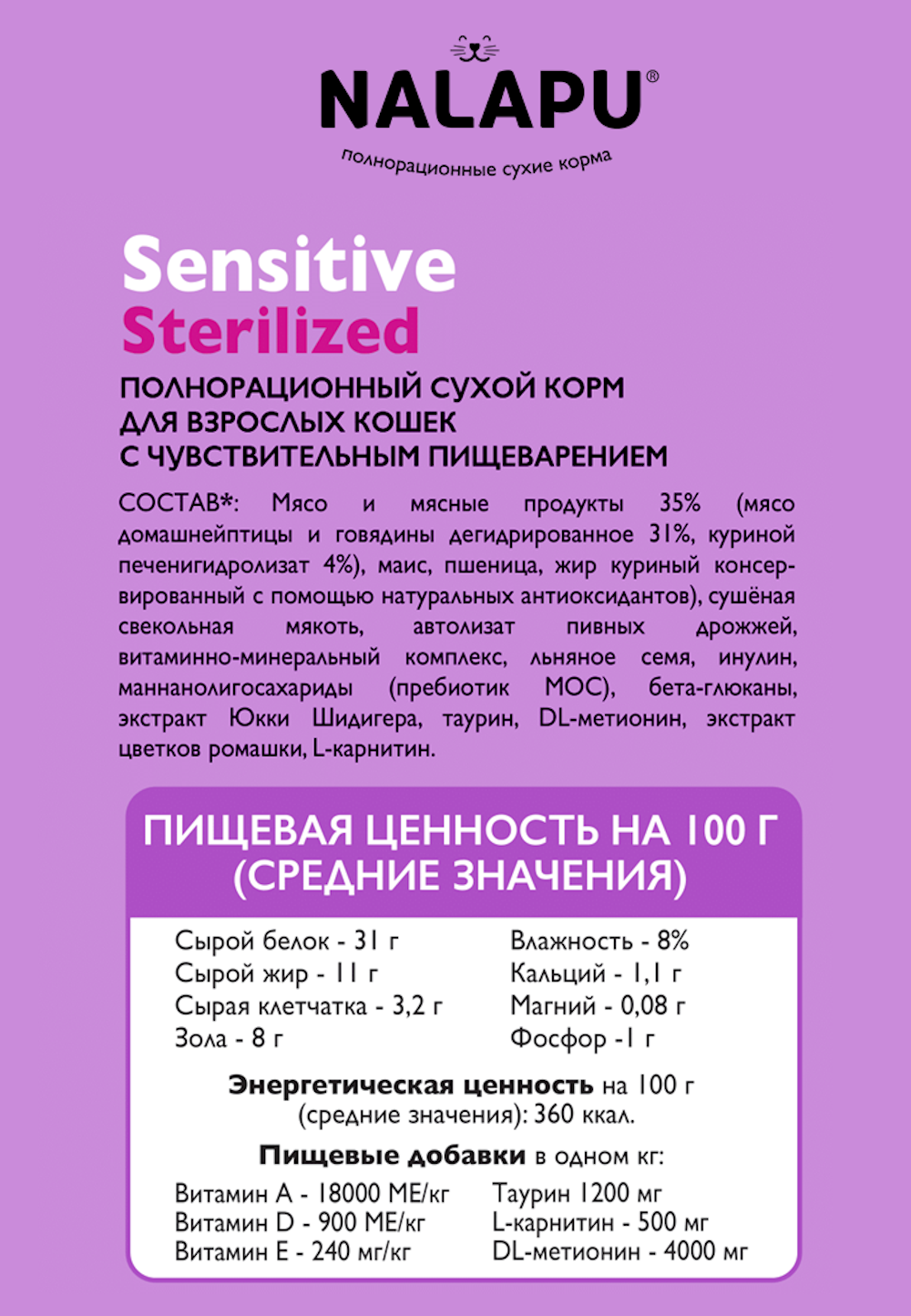 Корм для кошек NALAPU Sensitive Sterilized с мясом домашней птицей и говядины 1.2кг - фото 8