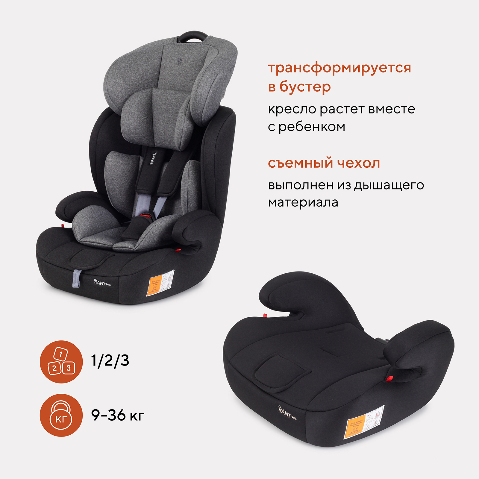 Автокресло Rant Basic Spark Grey 1/2/3 (9-36 кг) серый - фото 3