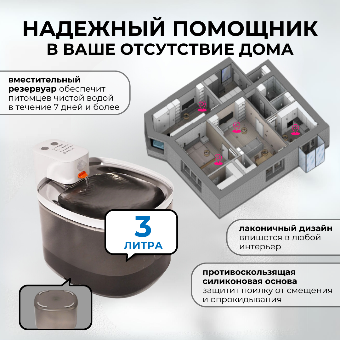 Автоматическая поилка-фонтан для кошек ZDK ZooWell Smart беспроводная, с сенсором 3 л - фото 4