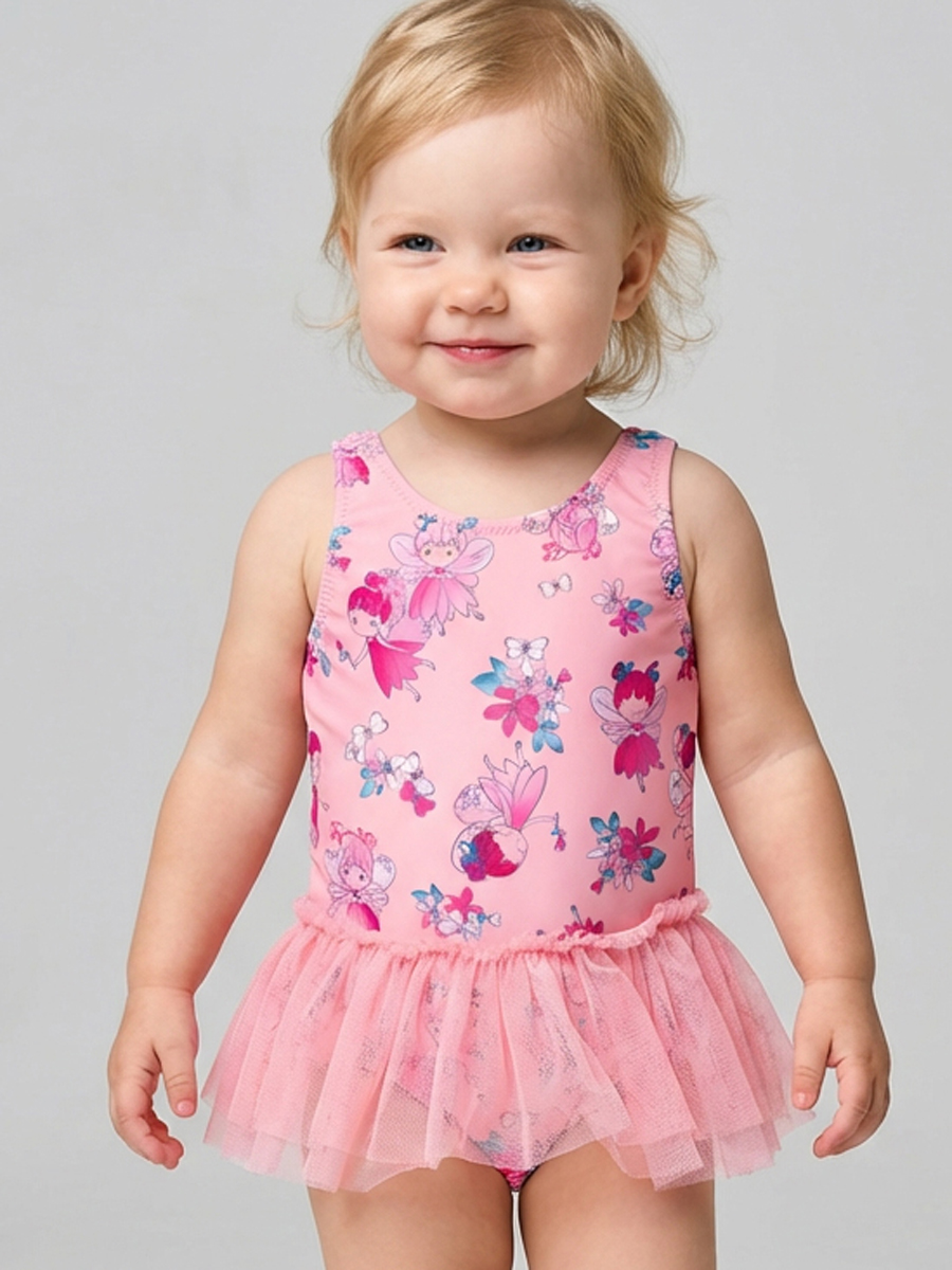 Изображение товара Детский слитный купальник PlayToday для девочек - 92 розовый с принтом