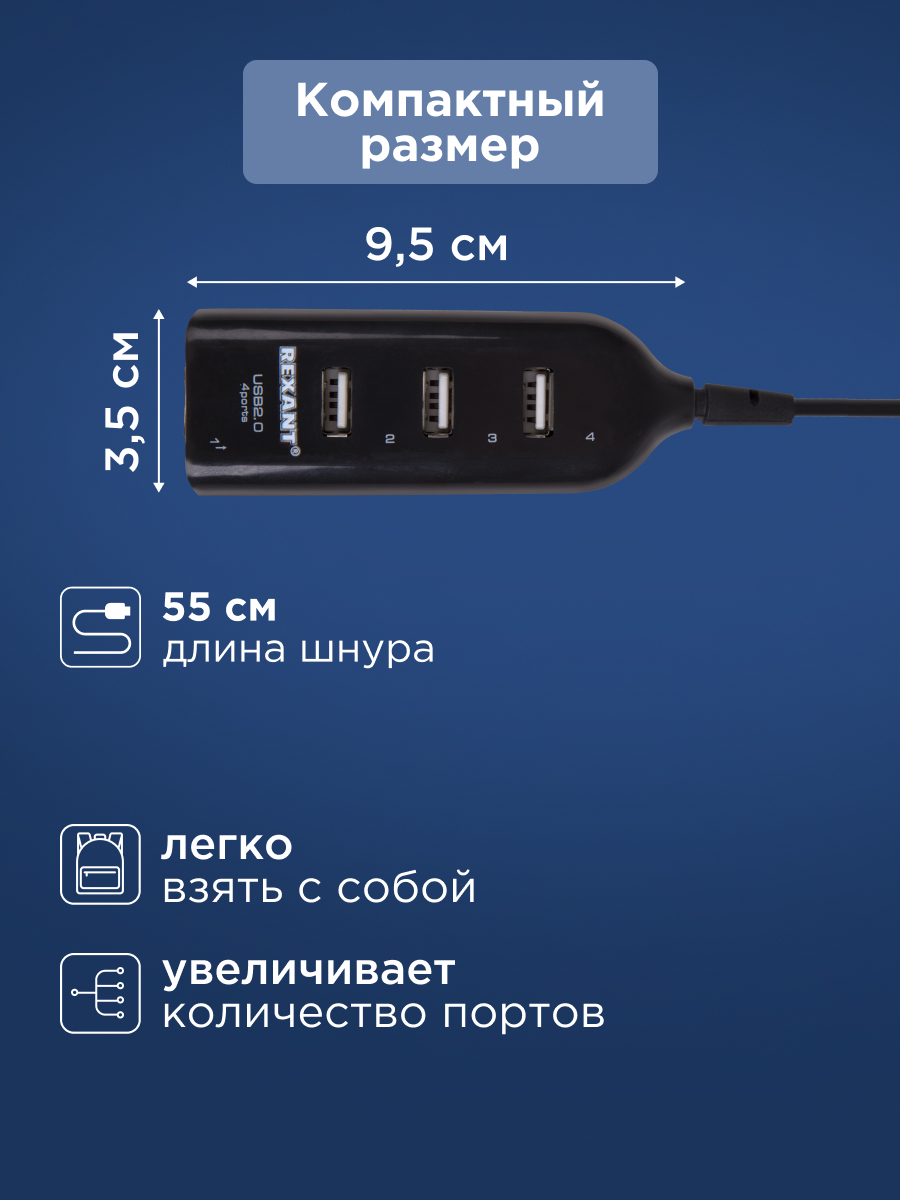 Разветвитель REXANT USB 2.0 на 4 порта - фото 3