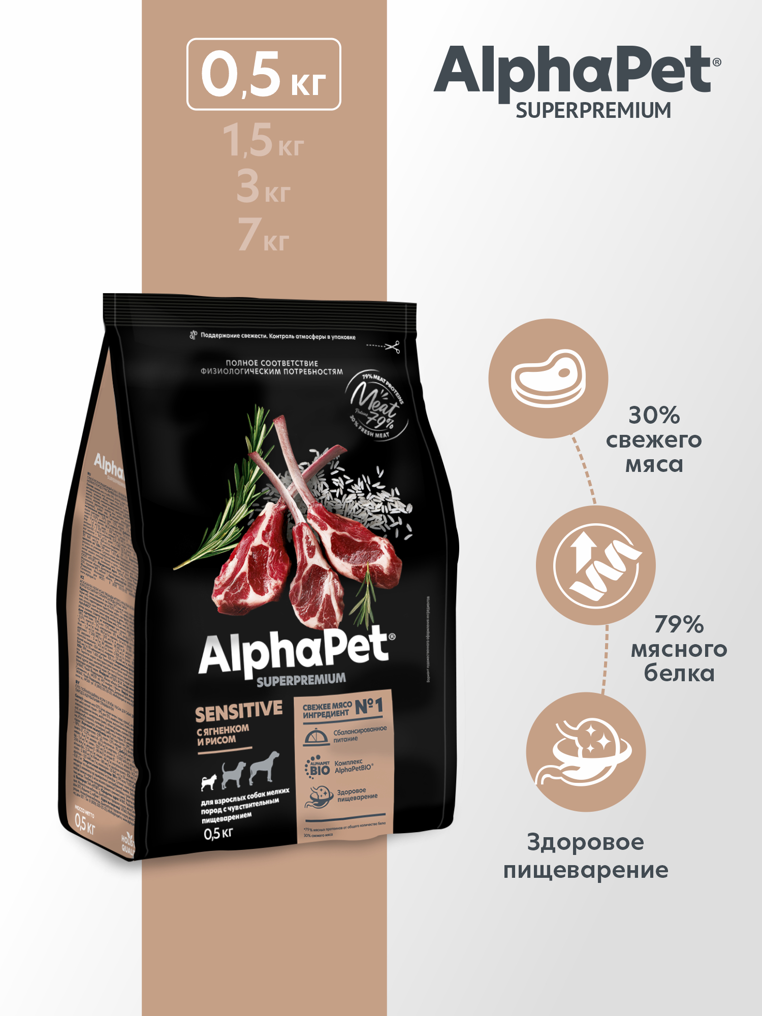 Сухой полнорационный корм AlphaPet с ягненком и рисом для взрослых собак мелких пород 0,5 кг - фото 1