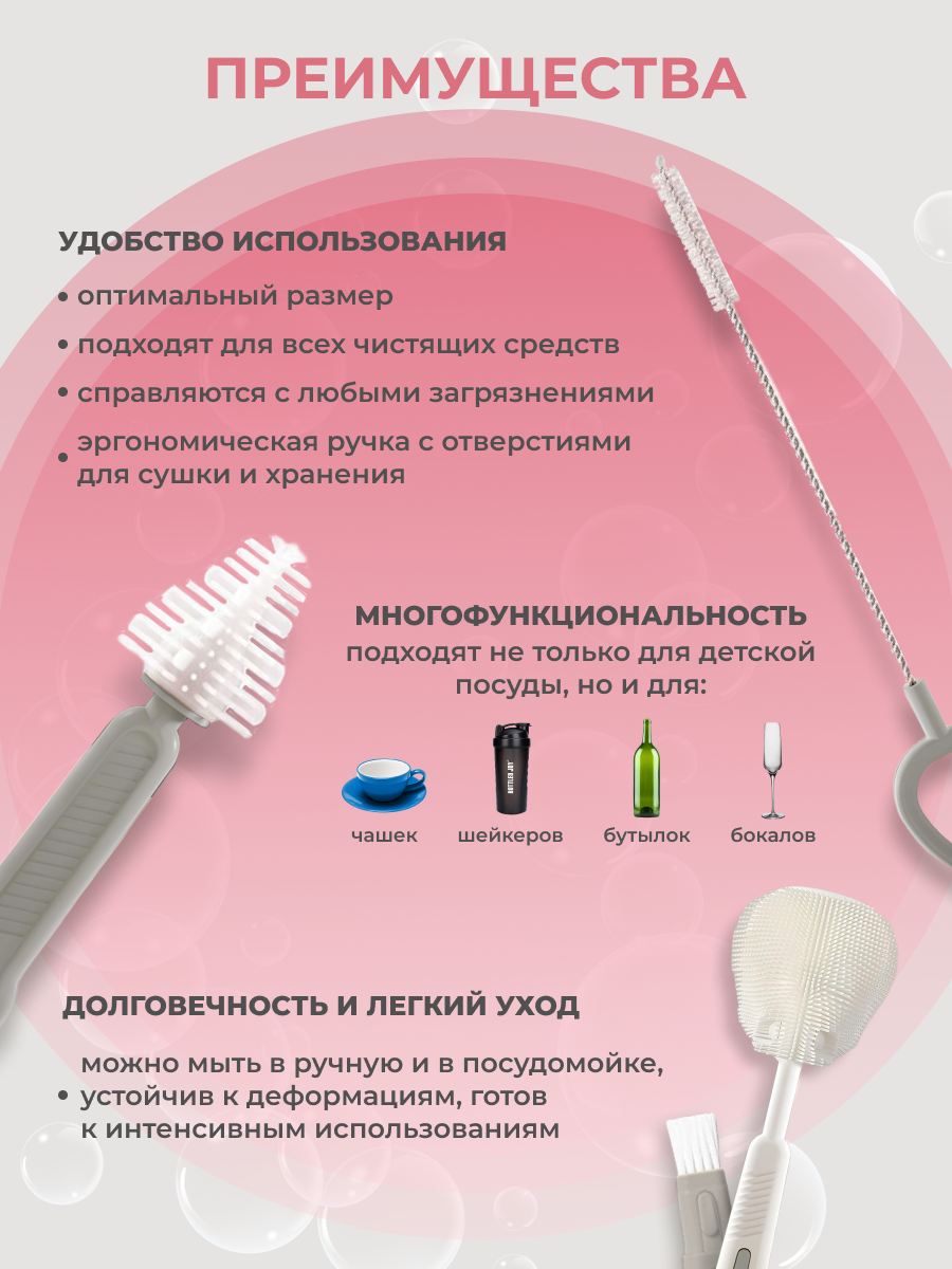Ершик для бутылочек и сосок CHEREMASHKA силиконовый серый набор 4 предмета - фото 7