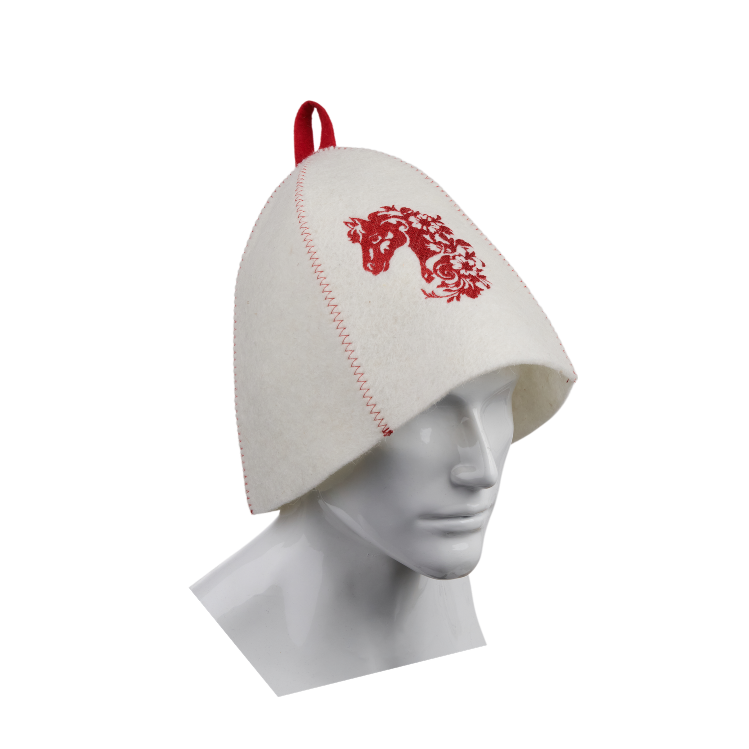 Шапка банная ГлавБаня Красный конь с вышивкой войлок белый - фото 2