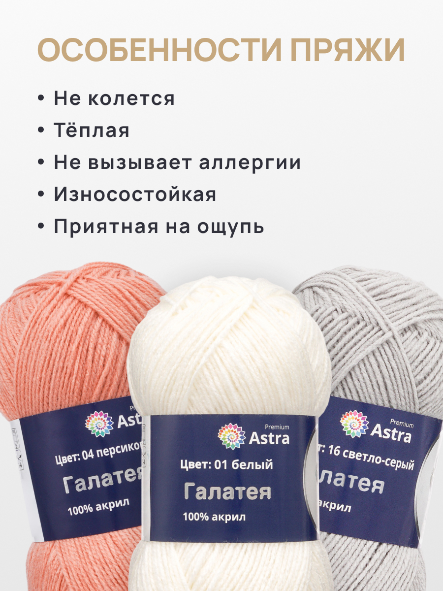 Пряжа Astra Premium Галатея акриловая 100 г 250 м 01 белый 3 мотка - фото 3
