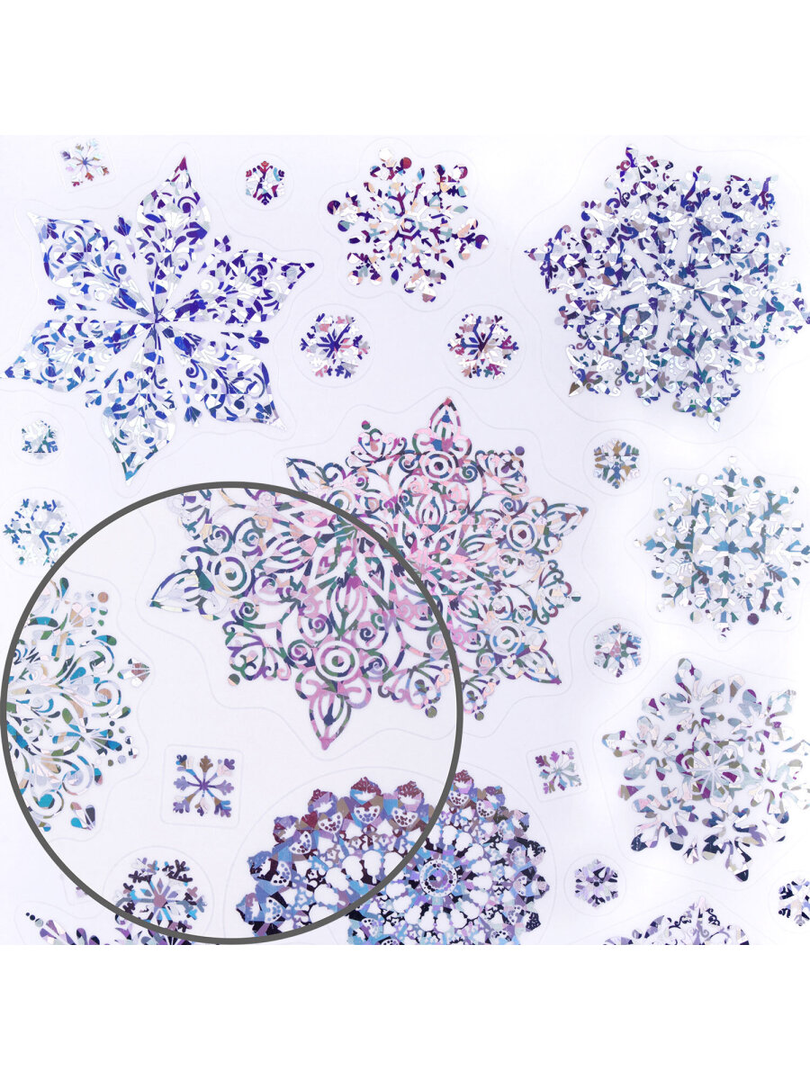 Новогодняя наклейка Золотая сказка на окна и стекла многоразовая Снежинки 30x38 см - фото 7