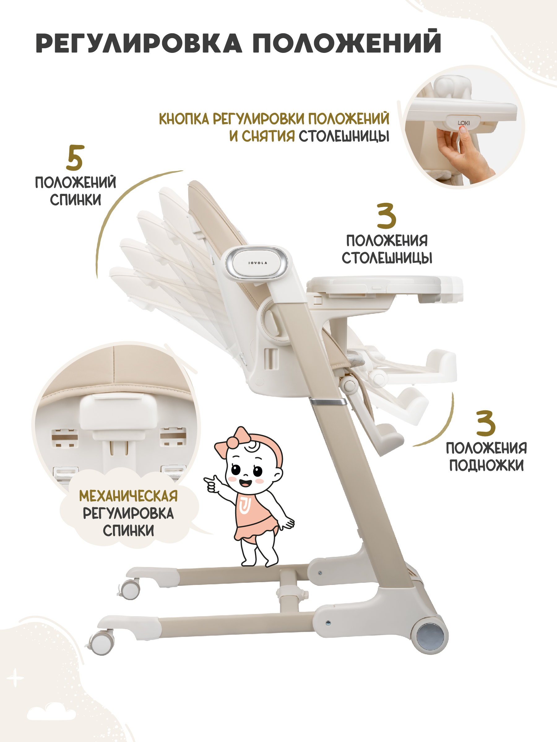 Стульчик для кормления JOVOLA Loki с функцией электрокачели бежевый - фото 7