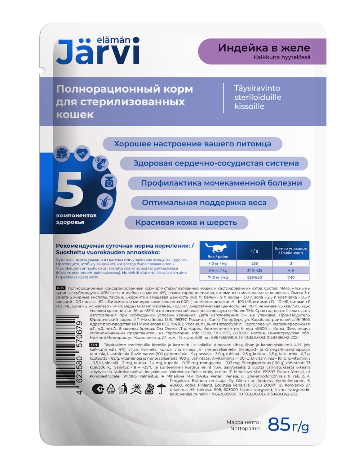 Корм для кошек Jarvi для стерилизованных кошек кусочки в желе индейка 85г пауч - фото 2