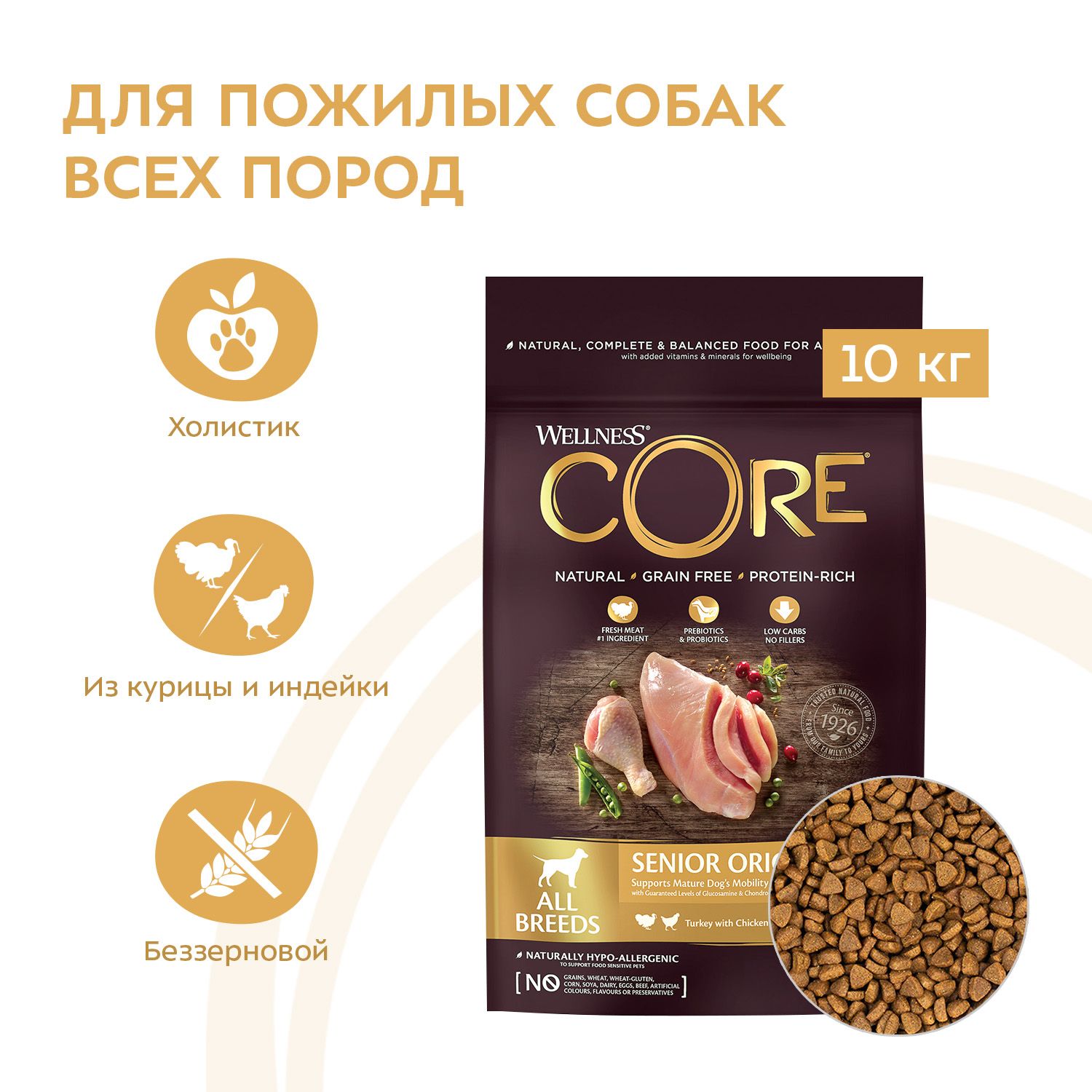 Корм для собак Wellness CORE пожилых всех пород индейка курица 10кг - фото 2