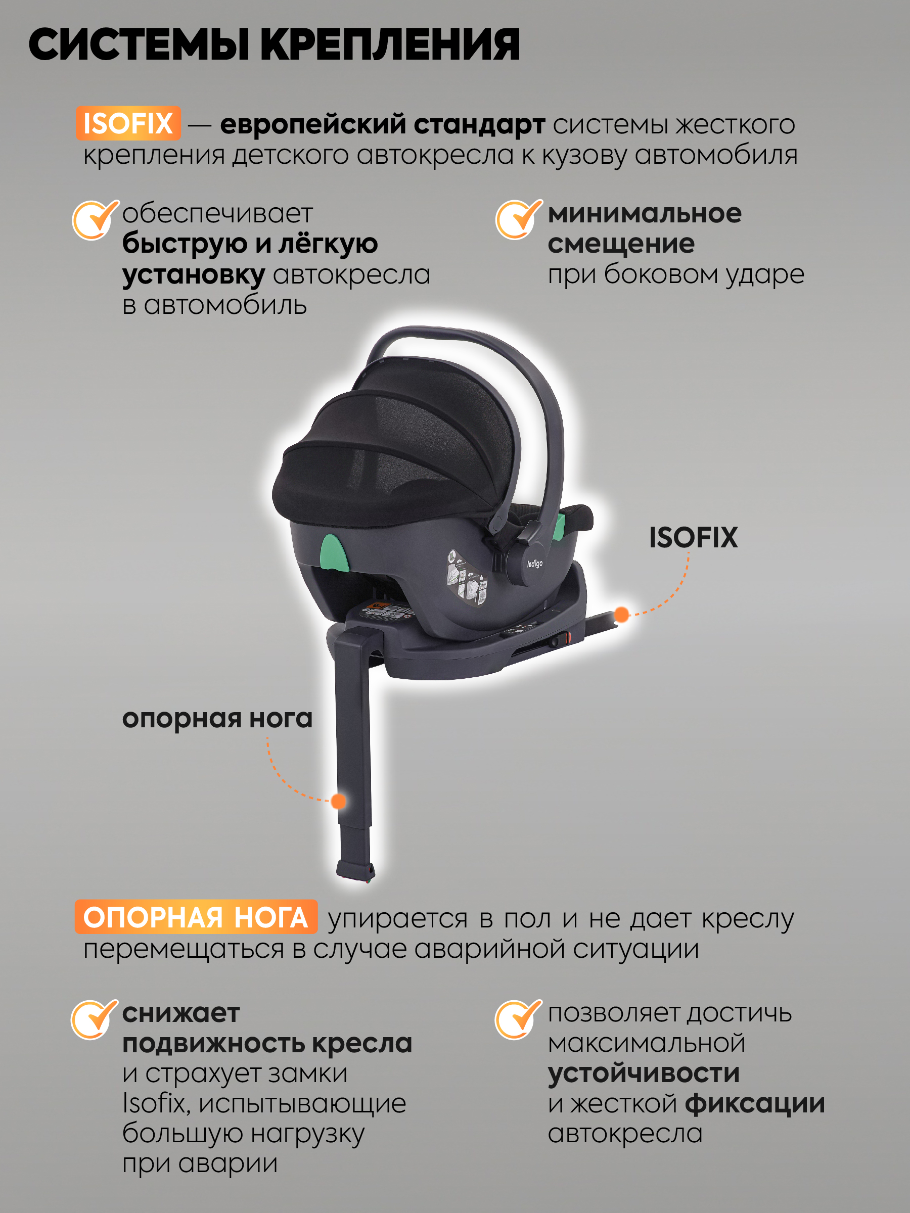 Автокресло Indigo Minky, с базой и опорной ногой 0 (0 -13 кг) черный - фото 12