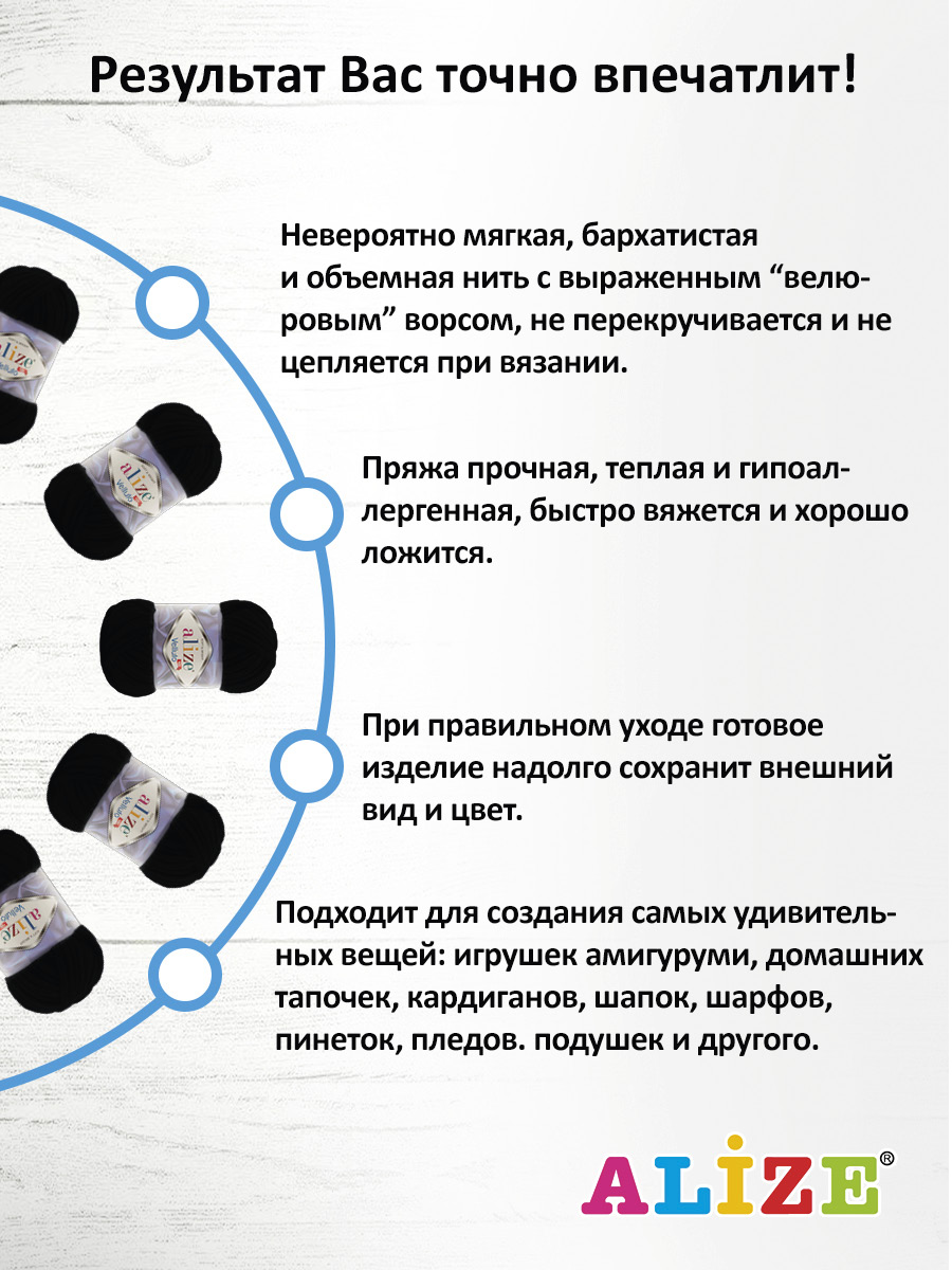 Пряжа для вязания Alize velluto 100 гр 68 м микрополиэстер мягкая велюровая 60 черный 5 мотков - фото 4