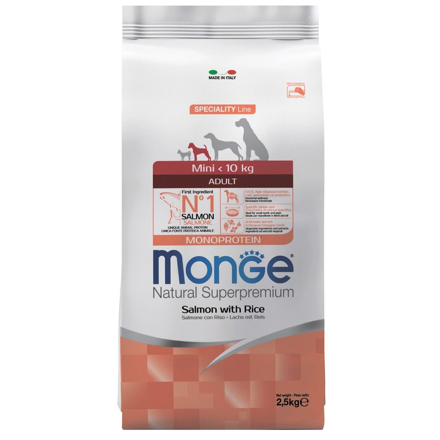 Корм для собак MONGE Monoprotein Mini мелких пород лосось с рисом 2.5кг - фото 1