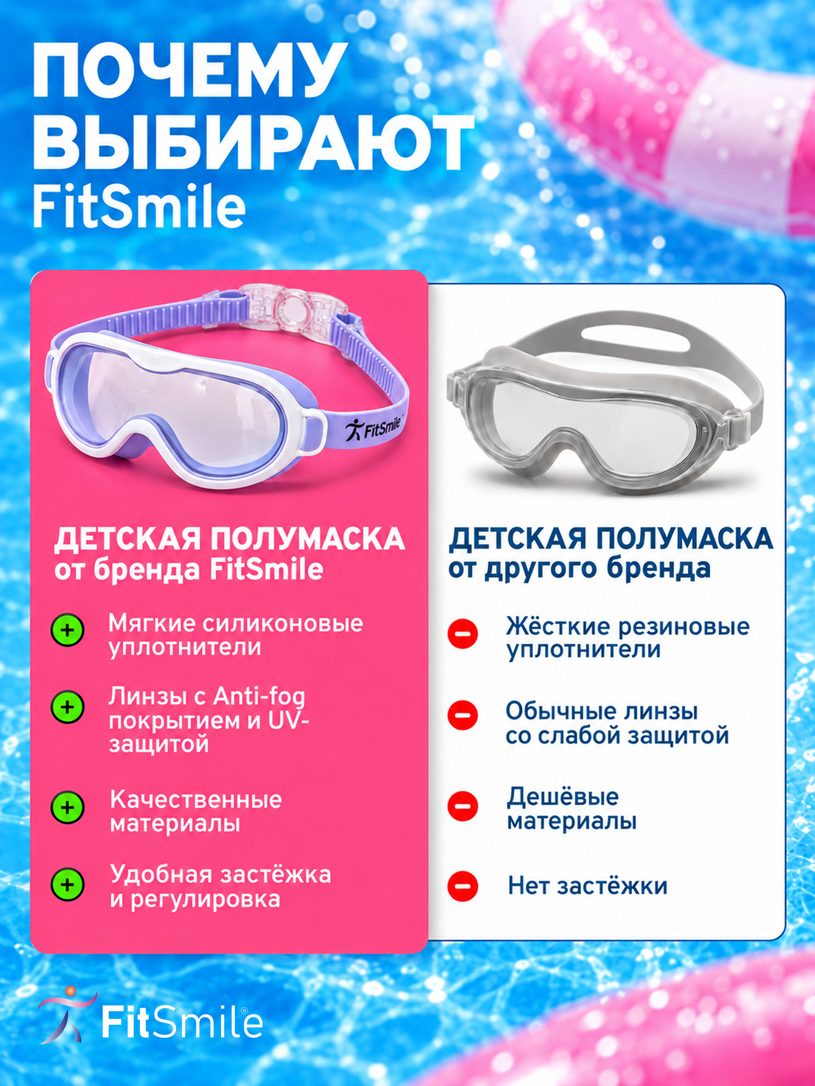 Детские очки для плавания FitSmile полумаска бело-сиреневая - фото 10