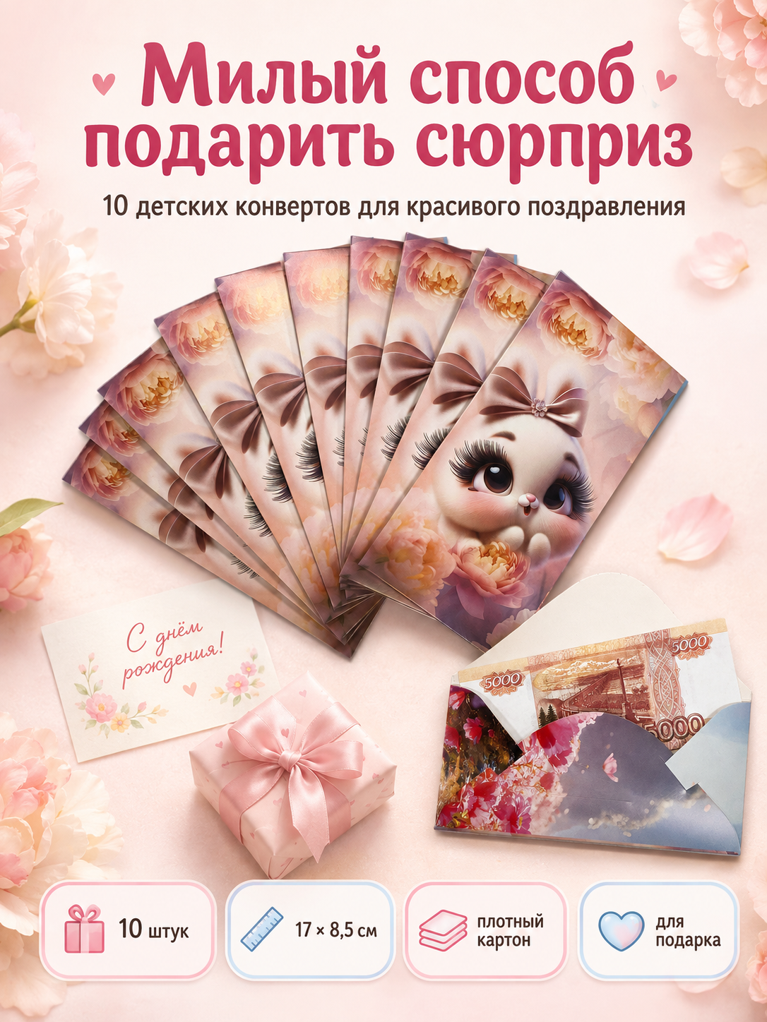 Конверты для денег детские Филькина Грамота с зайчиком, 10 шт. - фото 9