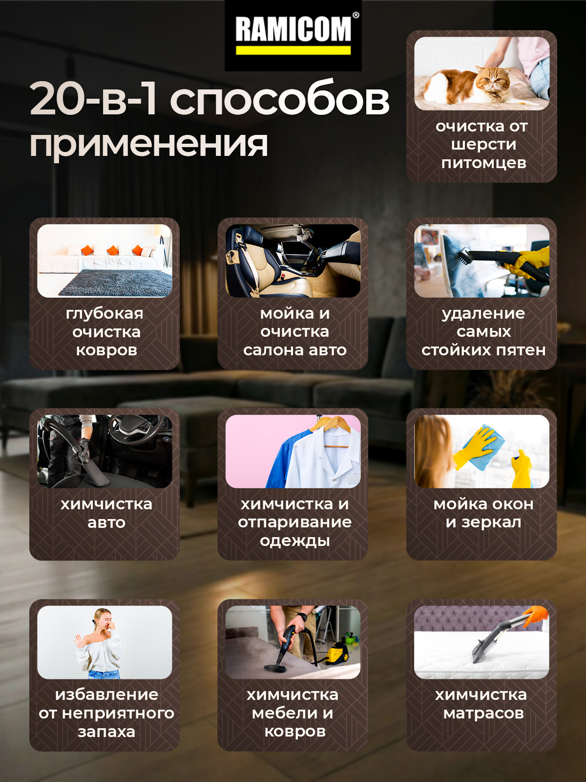 Моющий пылесос с горячим паром Ramicom RWC3500 для чистки мебели ковров авто и дома - фото 2