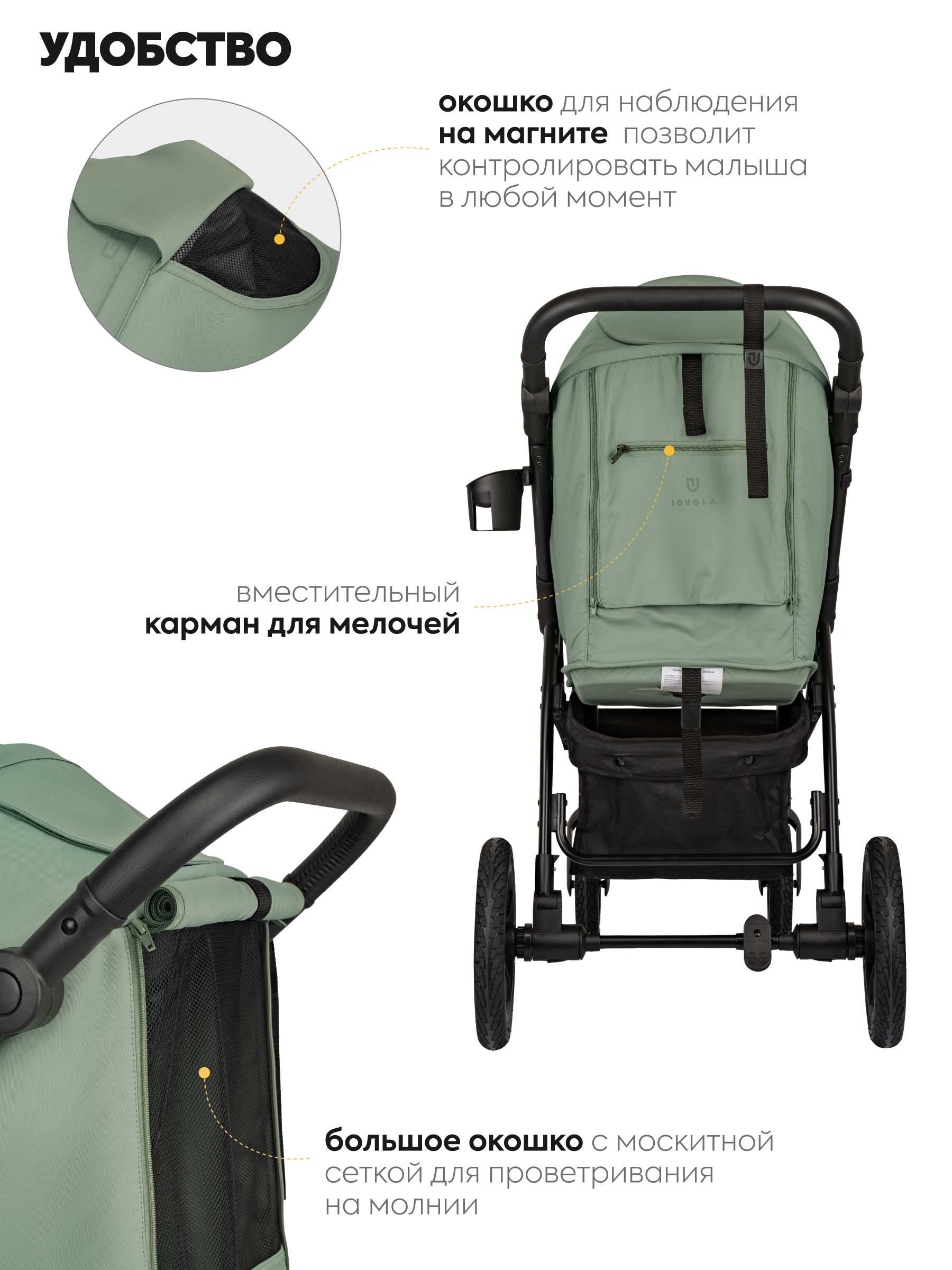 Коляска прогулочная JOVOLA SELENA Air 25 с сумкой зеленый - фото 7