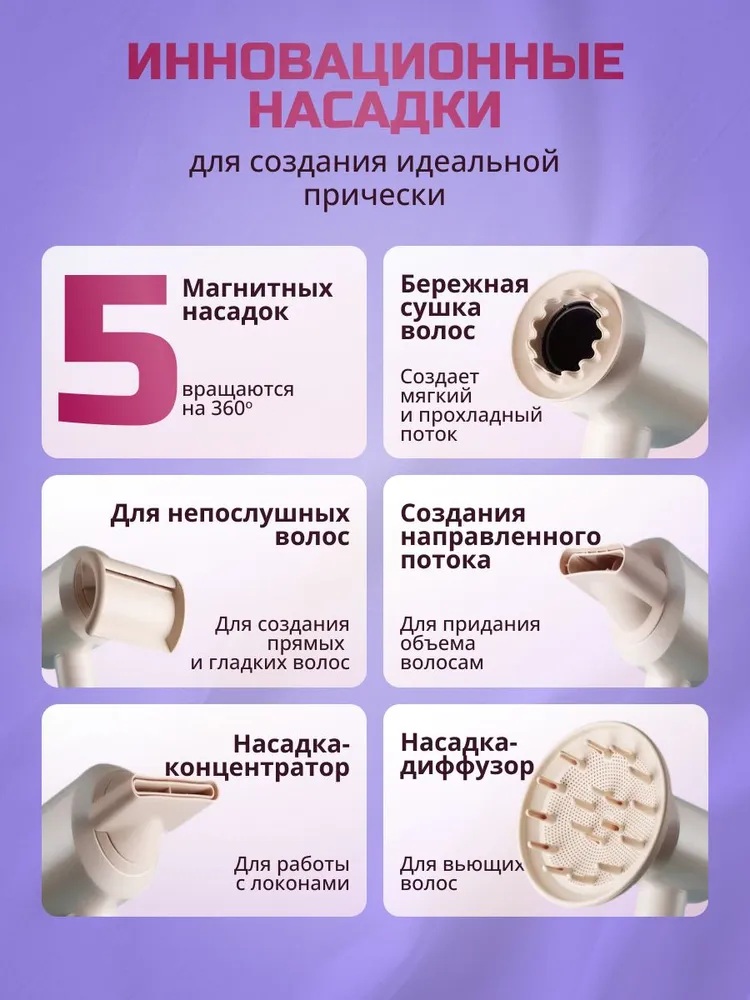 Фен с 5 магнитными насадками CASTLELADY с ионизацией 1600 BT шнур 1,8 метра бежевый - фото 16