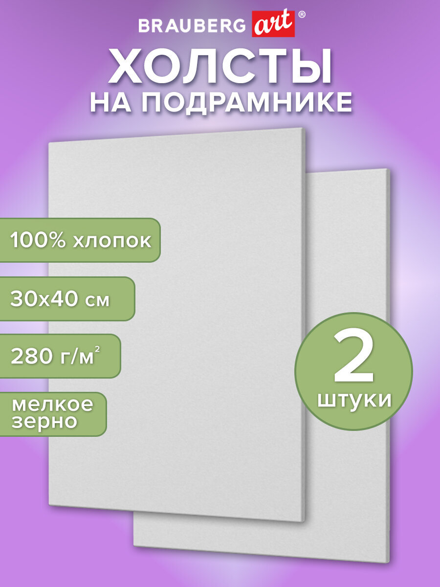 Холст для рисования Brauberg на подрамнике 30х40 см грунтованный 100% хлопок набор 2 штуки - фото 1