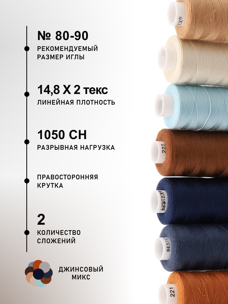 Набор ниток Bestex для шитья трикотажа ткани легкой и средней плотности 40/2 Джинсовый микс 400 ярд 10 шт - фото 2