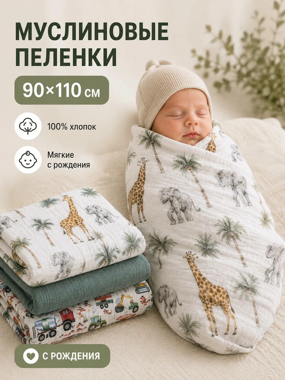Пелёнка Сонный ежик муслиновые муслин 90х120 см 3 шт. - фото 1