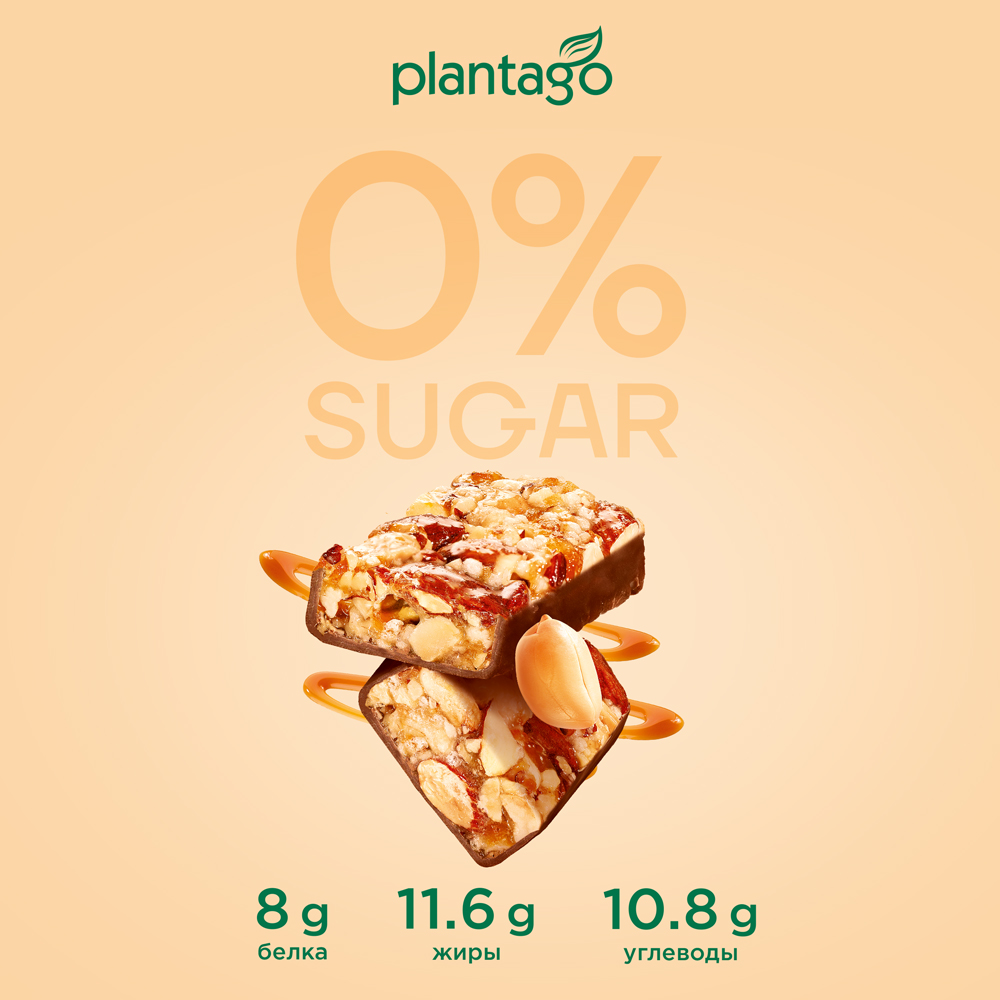 Протеиновые батончики Plantago NUTS (20% белка) Арахис-Миндаль-Солёная карамель 12 шт по40 гр - фото 4