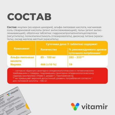 Альфа-липоевая кислота Форте VITAMIR для спорта, контроля веса и ускорения обмена веществ таб. №30