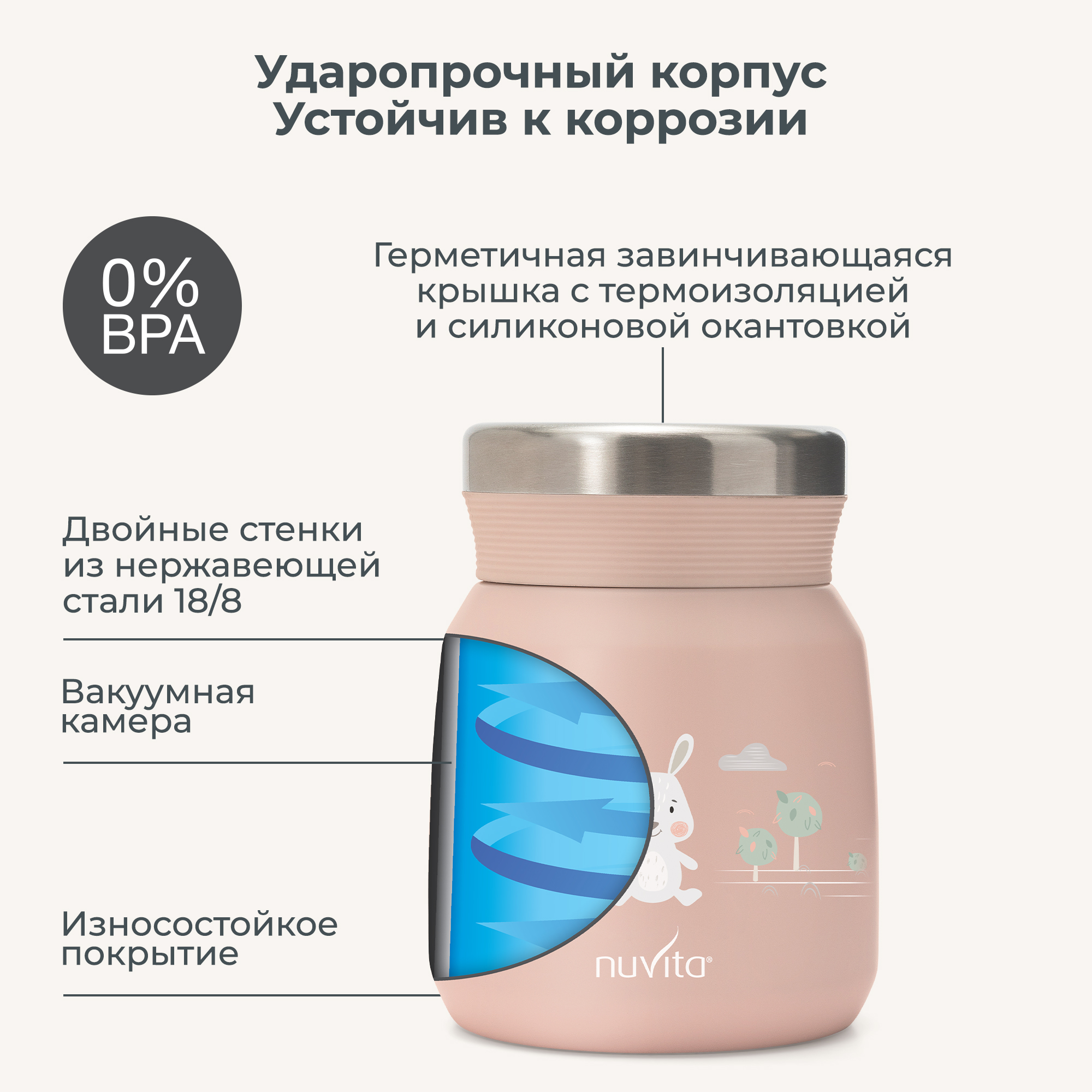 Термос детский для еды и жидкостей Nuvita с широким горлом маленький 300 мл розовый - фото 2