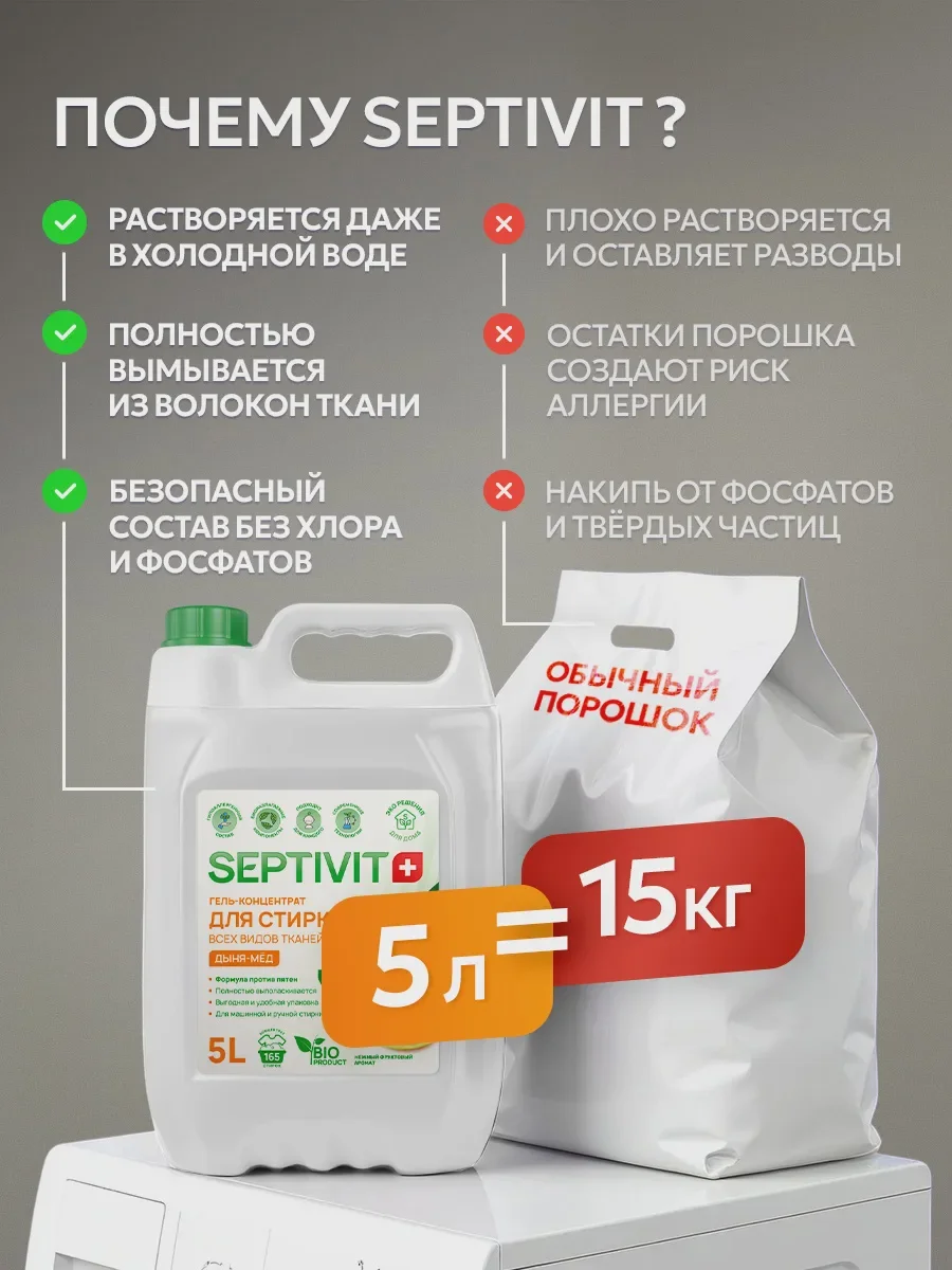 Гель для стирки SEPTIVIT концентрат Дыня Мёд 5 л - фото 7